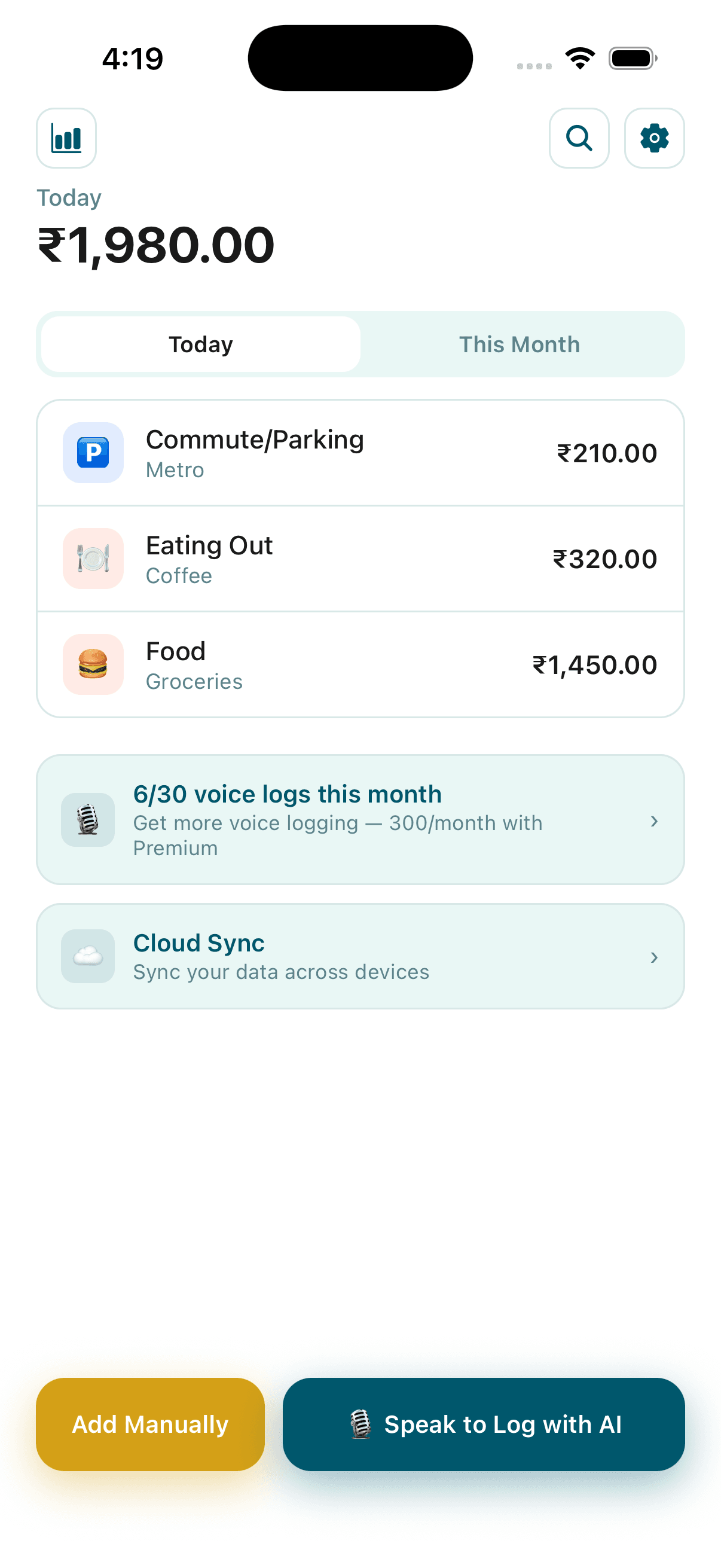 Ultimately dashboard showing today's logged expenses by category